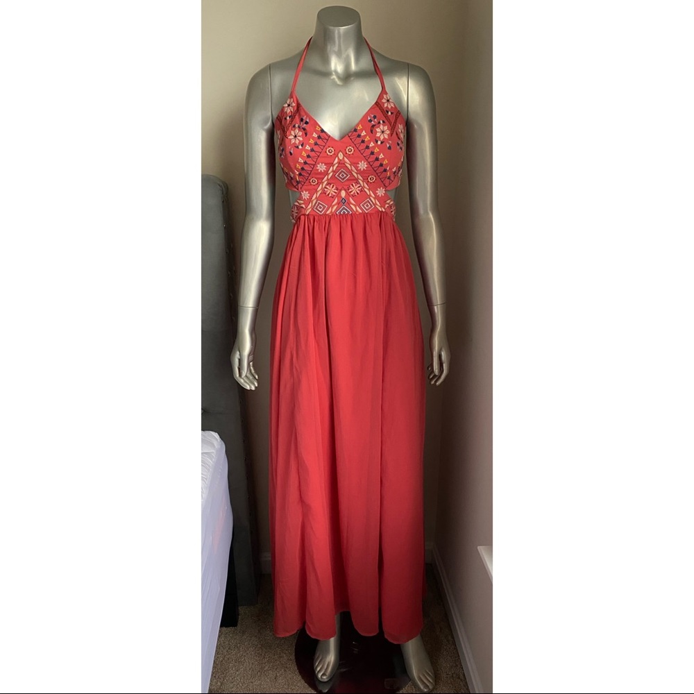 Forever 21 Coral Maxi Dress with Embroidered Tribal Pattern NWT